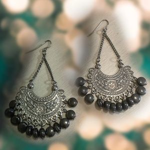 Fan style black earrings, large statements